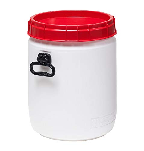 Curtec HDPE Superweithalsfass, 34 Liter, mit beidseitigen Handgriffen, XL-Einfüllöffnung, mit roten Schraubdeckel, stapelbar, wasserdicht, naturweiß