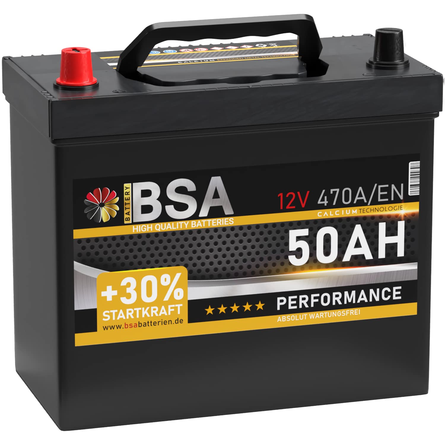 BSA ASIA Autobatterie 50Ah 12V 470A/EN ASIA Batterie Plus-Pol Links 30% mehr Startleistung ersetzt 45Ah 47Ah