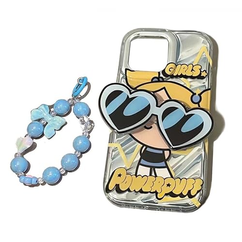 Niedliche Kawaii-Cartoon-Handyhülle – Sonnenbrillenform, Ständer, Fingergriffhalter, Halterungs-Design + Schleifen-Perlenkette für Frauen und Mädchen (15P, blau)