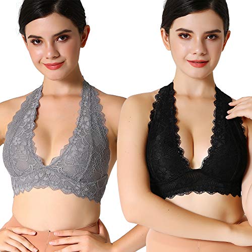 Floral Lace Neckholder Bra Bralette Top Hook and Eye Closure Back Unpadded Wirefree Lace Bra - - small
