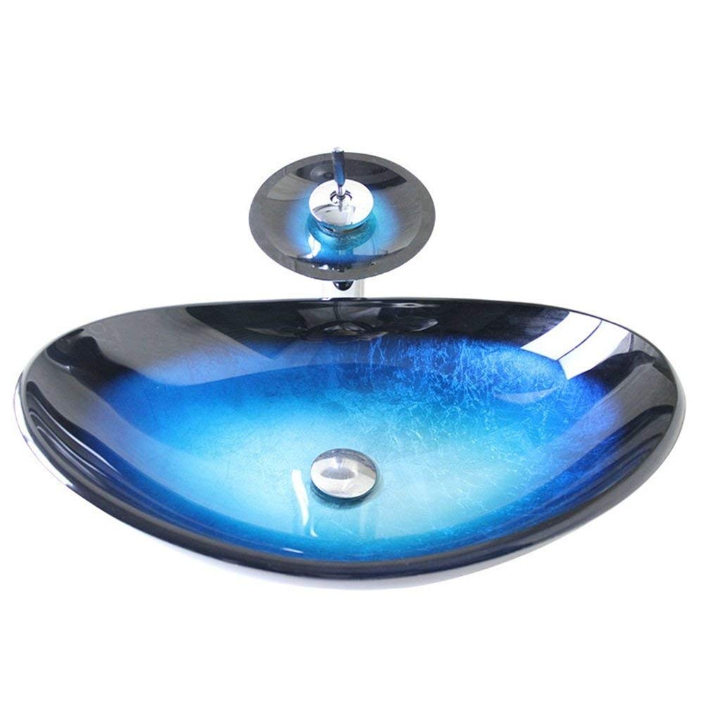 HomeLava Modern Hartglas-Waschbecken Set Glas Oval Blau Schwarz mit Wasserfall-Wasserhahn, Abfluss und Montagering