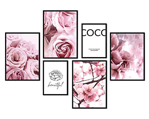Premium Poster Set | Deko Bilder Wohnzimmer Modern | Schlafzimmer Bild für die Wand | (Coco Flowers, A4 | A5 in Holzrahmen (schwarz))