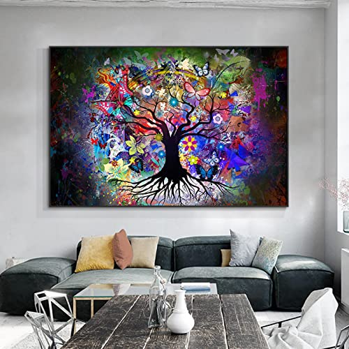Abstrakte farbenfrohe Lebensbaum-Leinwandmalerei moderne nordische Blumen Pflanze Poster und Drucke Wandkunst Bild Wohnkultur 50 x 75 cm (20 x 30 Zoll) mit Rahmen