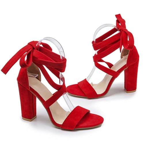 NEOFEN Riemchenabsätze für Damen, klobige Absätze, hochhackige Sandalen mit Schnürung, modische, lässige Nude-Sandalen mit Blockabsatz (Color : Red, Size : 42 EU)