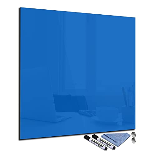 Glas-Magnettafel 70x70 cm Whiteboard Wand Beschreibbar Quadratisch Magnetisch Küche Office Büro mit Zubehör Wochenplaner Abwischbar Deko Memoboard Tafel Blau