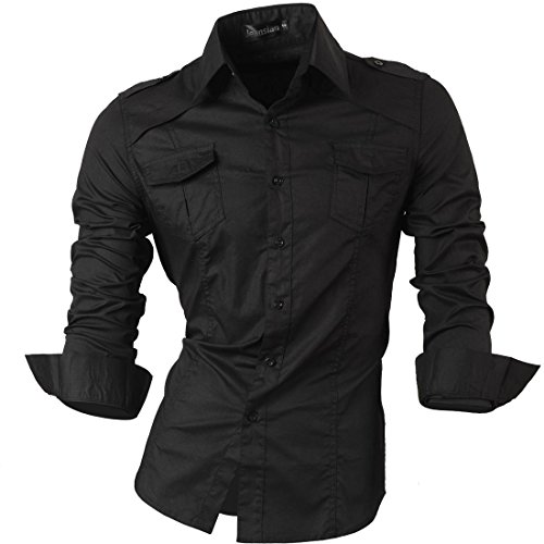 jeansian Herren Freizeit Hemden Shirt Tops Mode Langarmshirts Slim Fit 8001 Black L