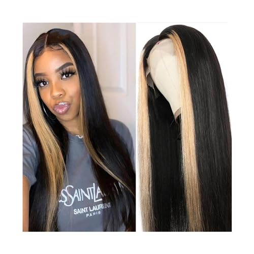 Perücke Straight Hair 13x4 Lace Frontal Wig 1B/27 Ombre Highlight Human Hair Wigs for Black Women 8-30inch Straight Transparent Lace Front Wigs synthetische Perücken (Color : 1B/27 150 density, Size