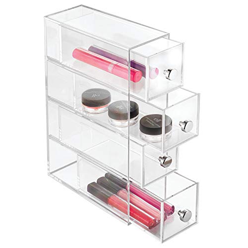 iDesign Make-Up Organizer mit 4 Schubladen, schmaler Schubladenturm aus Kunststoff, horizontal und vertikal einsetzbare Schubladenbox für Schminke, durchsichtig