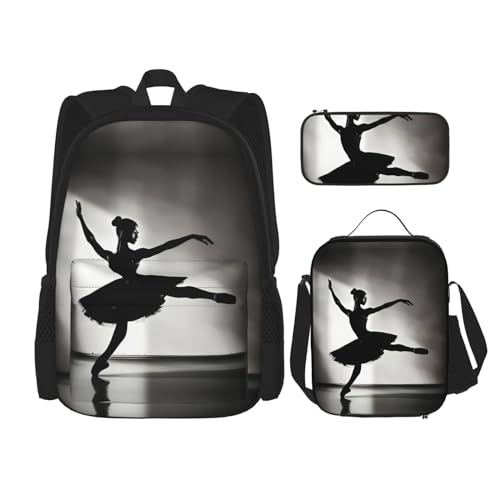 MDATT Ballerina-Tanzrucksack mit Lunchbox und Federmäppchen, 7,6 cm, Kawaii-Rucksäcke mit Lunchtasche, passende Kombination