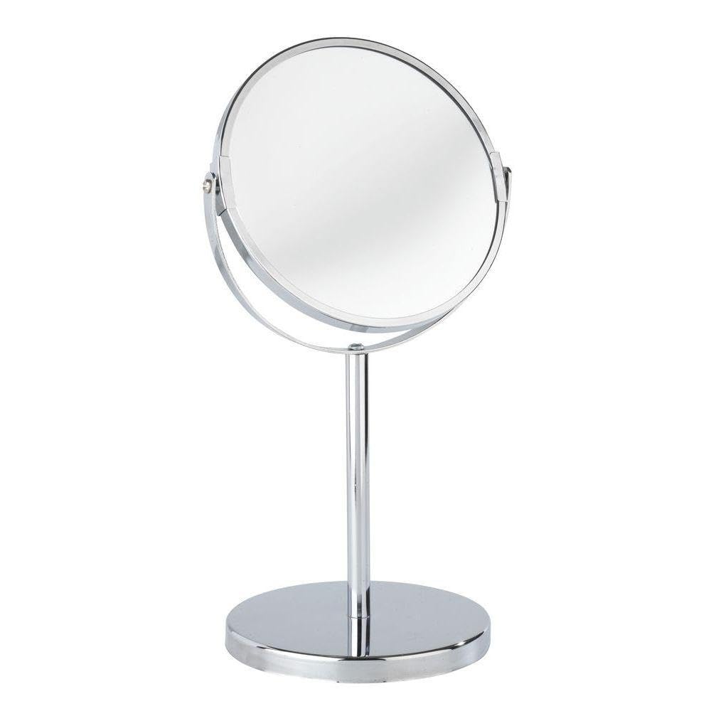 WENKO Kosmetik-Standspiegel Assisi Ø 17 cm - schwenkbarer Schminkspiegel mit 3-fach Vergrößerung, Spiegelfläche ø 16 cm 300 % Vergrößerung, Stahl, 18.5 x 34.5 x 15 cm, Chrom