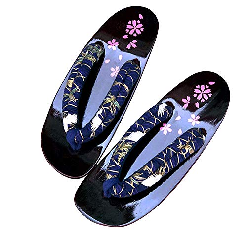 G-LIKE Damen Sandalen Pantoffel Sommerschuhe - Traditionelle Japanische Holzschuhe Geta Kimono Kirschblüte Sakura Musterdruck rutschfest Poliert Flip-Flops Cosplay Clogs (38-40 EU, Blau Kran)