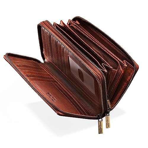 MATADOR Damen/Frauen Geldbörse RFID Schutz Portemonnaie Rinds Leder Geldtasche mit Doppelter Metall Reißverschluss viele Kartenfächer