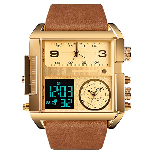 FeiWen Herren Fashion Luxus Edelstahl Uhren LED Elektronik Analog Quarz Doppel Zeit Outdoor Sportuhr Multifunktional Digital Armbanduhr Alarm Stoppuhr (Gold 2)
