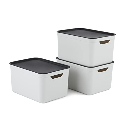 Jive Dekobox 3er-Set Aufbewahrungsbox 16l mit Deckel, Kunststoff (PP recycelt), Weiss/anthrazit, 3x16l, (37,5 x 27,8 x 29,8 cm)