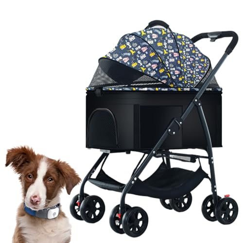 Pet Stroller mit Bremse 4 Rad Faltbar Hund Kinderwagen mit Storage Basket und Ledergriff für Kleine und Mittlere Katzen, Hunde, Welpen (Color : Dark blue cat)