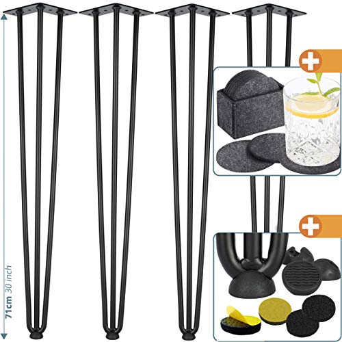 4x Haarnadel-Tischbeine rostfreies Metall schwarz - Hairpin Leg 71 cm mit 3 Streben +PLUS: Bodenschutz + Filzuntersetzer