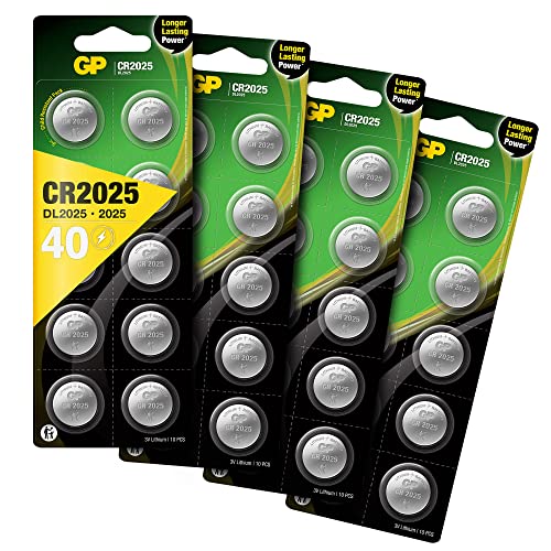 GP Lithium Knopfzellen CR2025 3V, Knopfbatterien CR 2025 Spannung 3 Volt für verschiedenste Geräte- und Verbraucheranwendungen, (40 Stück Batterien CR2025, einzeln entnehmbar)