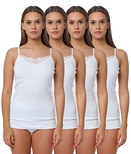 Yenita® 4er Pack Damen Unterhemd mit Spitzeneinsatz, 100% Baumwolle, Gr. 48-50