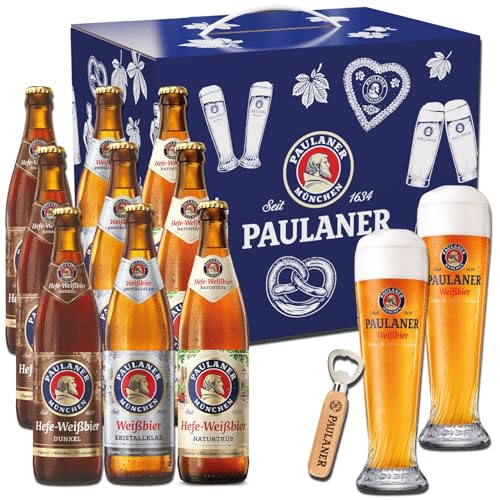 Biergeschenk Paulaner Hefe-Weißbier Naturtrüb, 10 x 0,5l Mehrwegflaschen, 2 Weißbier-Gläser Schönsee und 1 Holz-Flaschenöffner