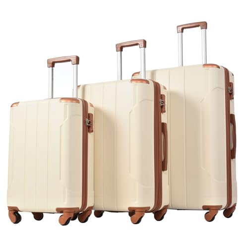 SPOFLYINN 3-teiliges ABS-Gepäck-Set, Reisekoffer mit Doppeldreher, 8 Rollen, TSA-Schloss, 50,8 cm, 61 cm, 71,1 cm, 3 Größen, leise, leicht, Hartschalenkoffer, Braun-Weiß, wie abgebildet,