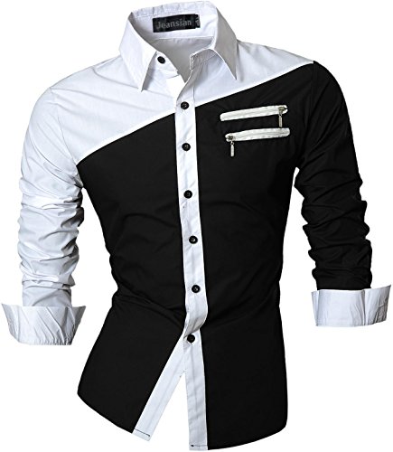jeansian Herren Slim Fit Lang Ärmel Casual Button-Down Kleid Shirts 8397, Farbe schwarz/weiss, Size XL