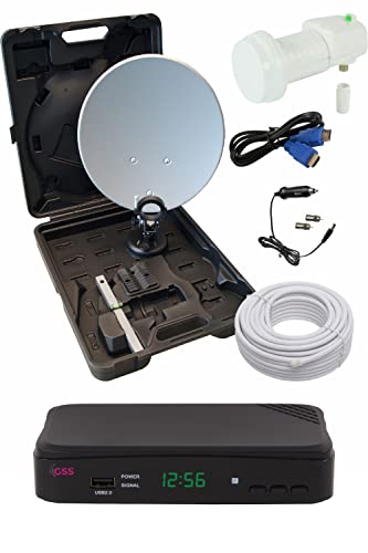 GSS Camping 35 cm Satellitenschüssel Komplettset mit Single LNB + Sat Receiver im Koffer, Sat Anlage Komplett Antenne, Wohnwagen, Wohnmobil, Camping TV, Mini Anlage, Satellitenschüssel klein