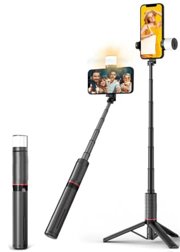 Moman Selfie Stick Stativ mit Fülllicht, Q12S Tragbar Stativ Handyhalter 77CM Aluminium Handy Stativ Ständer Selfie Stange für Smartphones, 360°Drehbar All in 1 Selfiestick