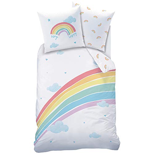 REGENBOGEN Bettwäsche Set · Mädchen-Bettwäsche · Kinderbettwäsche · Very Happy Rainbow · Wolken Sterne Herzen - Kissenbezug 80x80 + Bettbezug 135x200 cm - 100% Baumwolle