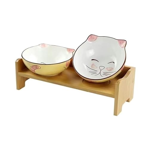 Futternapf Haustierbedarf Keramikschüssel mit Holzständer für Katze und Hund Tierfutter und Wasserzufuhr (Farbe: Zwei Schüsseln und StänderA)