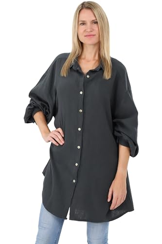 Malito Damen Musselin Bluse - Langarm Blusenhemd - langes Oversize Hemd aus Baumwolle - Long Shirt Strand Cover Up 20914 (dunkelgrau 34-46)