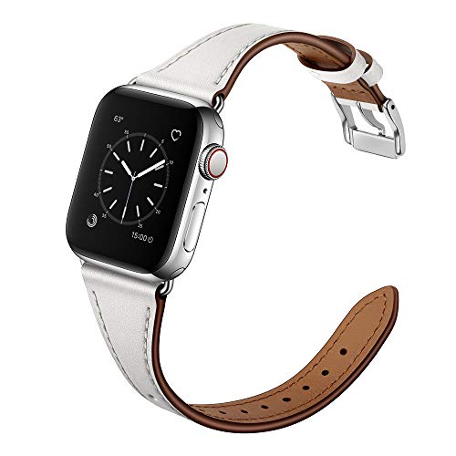 Arktis Lederarmband für Frauen kompatibel mit Apple Watch (Apple Watch Ultra 1/2 49 mm) (Series 7 8 9 45 mm) (Series SE 6 5 4 44 mm) (Series 3 2 1 42 mm) [Echtes Leder] mit Edelstahlschließe - Weiß