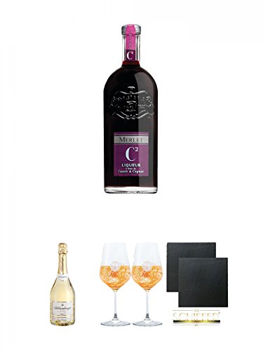 Merlet C2 Cognac & Cassis 0,7 Liter + Schlumberger Sekt Brut 0,75 Liter + Miamee Goldwasser Cocktail Gläser mit 5cl Eichstrich 2 Stück + Schiefer Glasuntersetzer eckig ca. 9,5 cm Ø 2 Stück