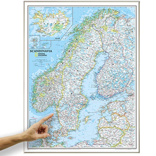 ORBIT Globes & Maps - Skandinavien Landkarte, Kartenbild von National Geographic - Pinnwand Landkarte classic mit Alurahmen , Aktuell 2019, 58 x 76 cm, englisch