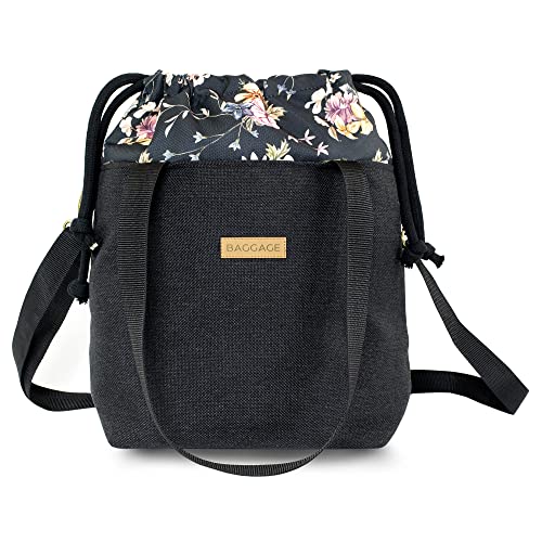 Amazinggirl Handtaschen Beuteltasche Damen Tasche A4 - Schultertasche Shopper Bag Stofftaschen Stoffbeutel mit Innentasche Einkaufstasche Blumen Schwarz