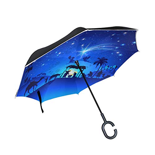 ISAOA Doppelschichtiger umgekehrter faltbarer Regenschirm, selbststehend, frei stehend, Autoschirm, Weihnachts-Krippe, winddicht, UV-Schutz, gro?er gerader Regenschirm