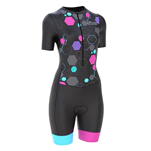 Damen Radsport Skinsuit Frauen Gepolstert Einteiler Trisuit Bike Top Kurz Sublimiertes Design Trägerhose, schwarz / pink, 36