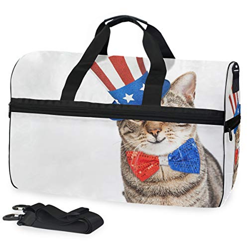 LUNLUMO Lustige amerikanische patriotische Katze Wochenendtasche Übernachtung Handtasche Sport Turnbeutel mit Schuhfach