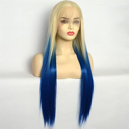 Synthetische Lace Front Perücken,Gerade Blond Blau Ombre Synthetische Lace Front Seidige Perücke Hitzebeständige Faser Cosplay Für Frauen,28 inch