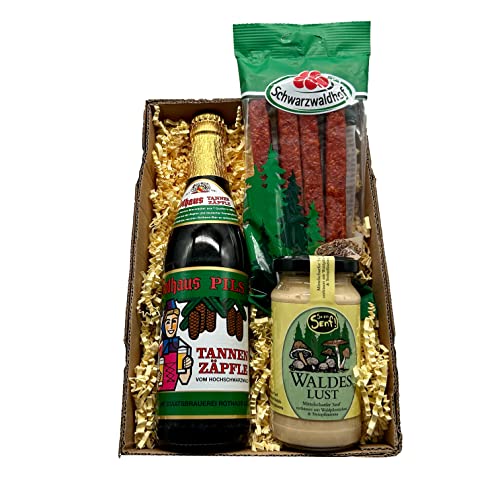 Bull & Bear Geschenkbox Mini Palette 'Schwarzwald-Lunchpaket' mit 0,33l Tannenzäpfle-Pils, Schwarzwälder Landjäger Wurst und 200ml Senf, Geschenkset für Erwachsene