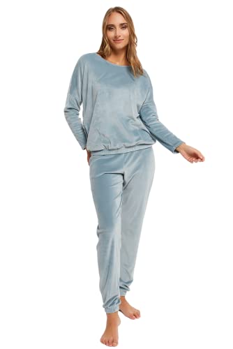 Italian Fashion IF Damen Fleece Hausanzug Schlafanzug Lang Winter Weicher Pyjama Anzug Set Zweiteiliger Bipolar Oberteil mit Taschen und Hose