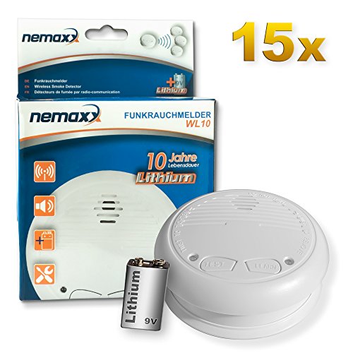 15x Nemaxx WL10 Funkrauchmelder - mit 10 Jahre Lithium Batterie Rauchmelder Feuermelder Set Funk koppelbar vernetzt - nach EN 14604