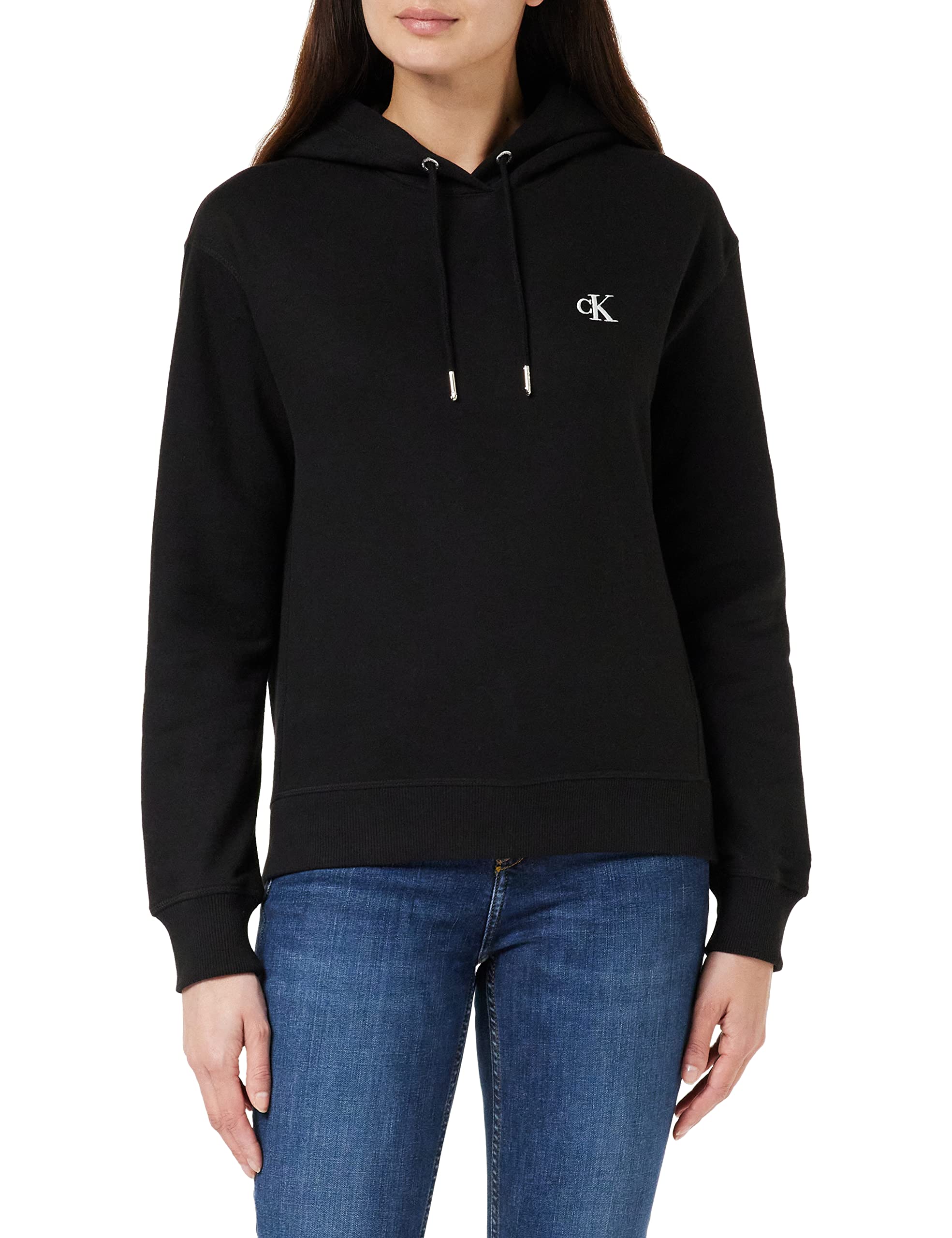 Calvin Klein Jeans Damen Sweatshirt Ck Embroidery mit Kapuze, Schwarz (Ck Black), XS