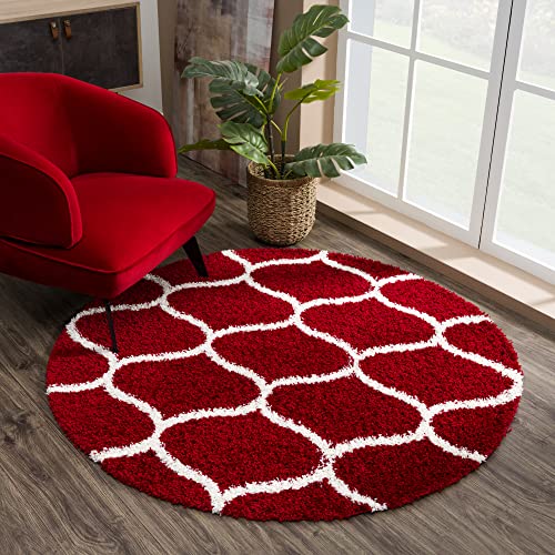SANAT Madrid Shaggy Teppich Rund - Hochflor Teppiche für Wohnzimmer, Schlafzimmer, Küche - Rot, Größe: 80 cm
