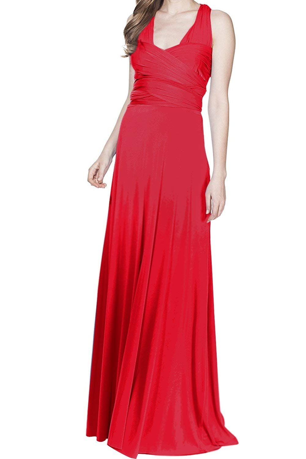 Damen Frauen Elgant V-Ausschnitt Brautjungfernkleid Infinity Abendkleid Geknotetem Multiway Rückenfrei Neckholder Cocktailkleid Rot L