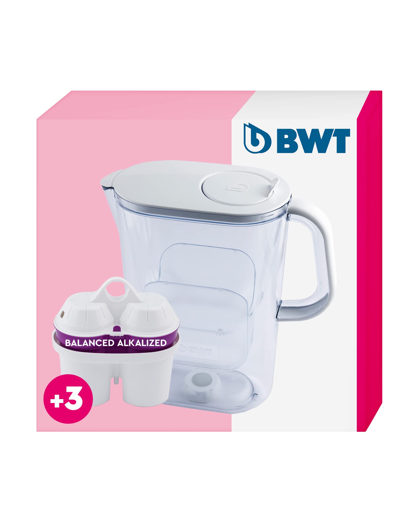 BWT Wasserfilter AQUAlizer 2,6L + 3 Balanced Alkalized Filterkartuschen | Wasserfilter Trinkwasser | Für Speisen & Getränke | Filtert Chlor, Blei & Kupfer
