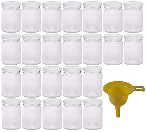 mikken - 24 x kleines Einmachglas 107 ml mit weißem Deckel, runde Glasdosen als Marmeladengläser, Gewürzdosen, Gastgeschenk etc. verwendbar (inkl. Trichter)