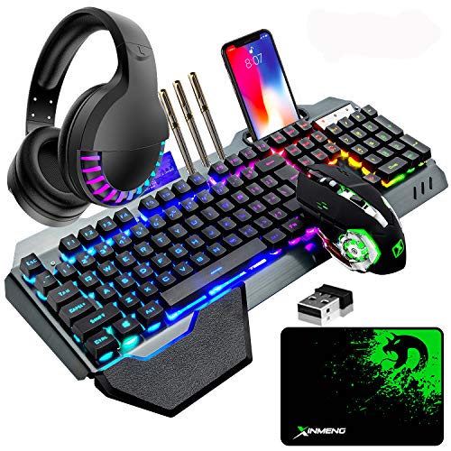 Kabellose Gaming-Tastatur & Maus & Headset Set,4 in 1,16 RGB Hintergrundbeleuchtung wiederaufladbare Tastatur mit Handballenauflage,7 Gaming-Maus mit Hintergrundbeleuchtung & RGB Bluetooth-Kopfhörer