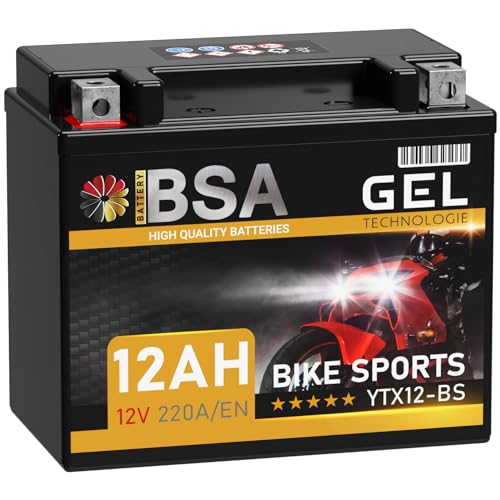 BSA YTX12-BS Motorradbatterie 12V 12Ah 220A/EN Gel Batterie 12V doppelte Lebensdauer entspricht CTX12-BS 51012 GTX12-BS Quad vorgeladen auslaufsicher wartungsfrei