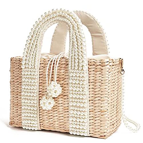 GANMEI Damen-Tasche mit Perlen, handgefertigt, Strohkorb, Kuriertasche für Urlaub, cremeweiß, One Size