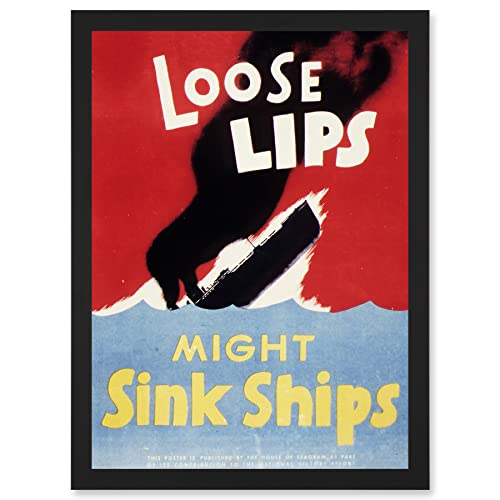 War World WW2 USA Loose Lips Sink Ships A4 Artwork Framed Wall Art Print Krieg Welt Vereinigte Staaten von Amerika Schiff Mauer